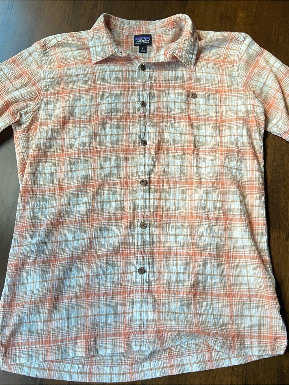 Patagonia Go To Plaid Button Shirt Mens L Orange Tan Organic Cotton Short Sleeve